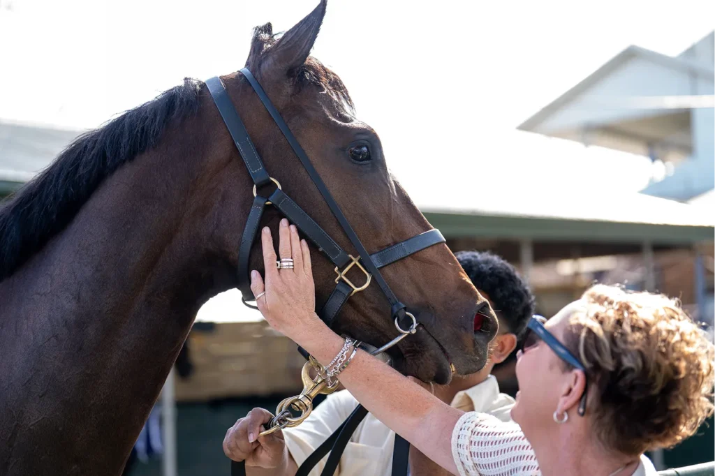 A woman pats a bay racehorse on the nose.